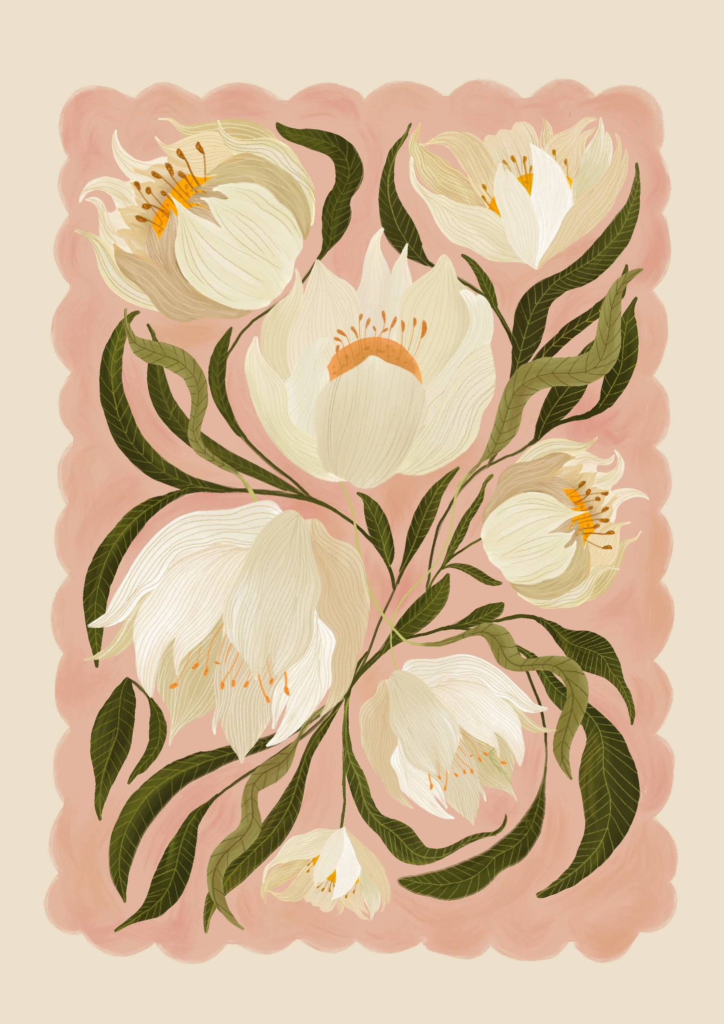 White Peony , Art Print, Neutral Print, Hand Drawn, Quirky Print