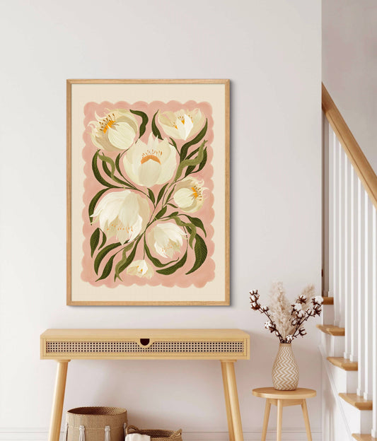 White Peony , Art Print, Neutral Print, Hand Drawn, Quirky Print