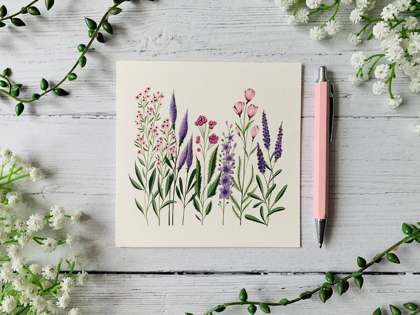 Row of Pink and Purple Wildflowers Greeting Card