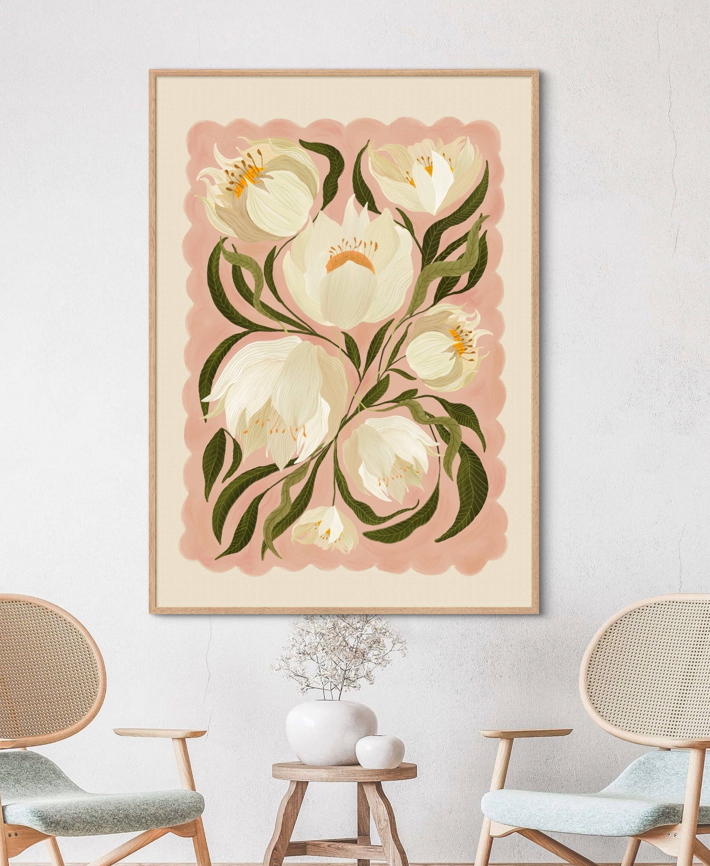White Peony , Art Print, Neutral Print, Hand Drawn, Quirky Print