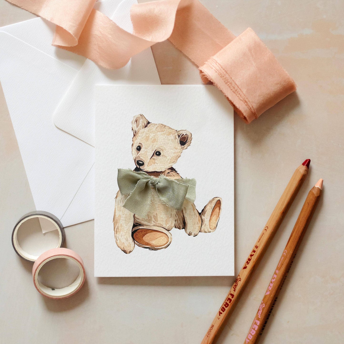 Teddy Bear Hand Tied Silk Ribbon Watercolour Greetings Card: Blue
