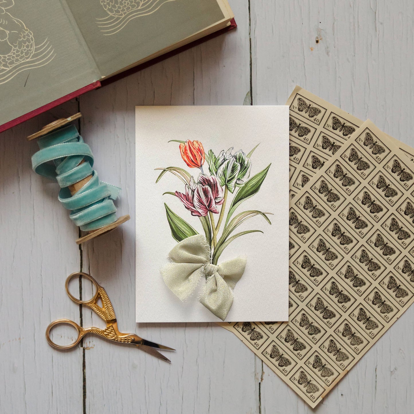 Floral Hand Tied Silk Ribbon Watercolour Greetings Card