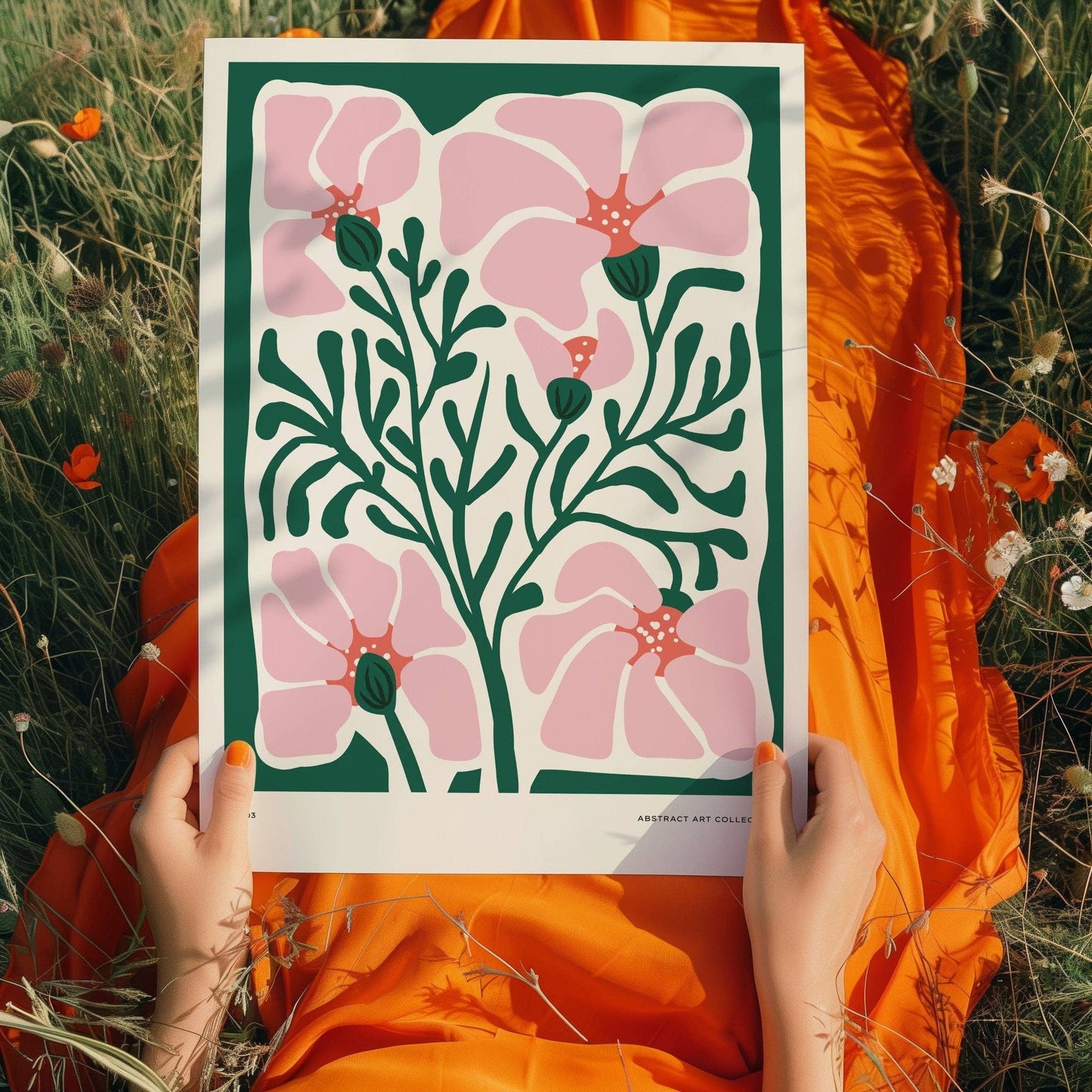 Green and Pink Abstract Flowers Print: A3