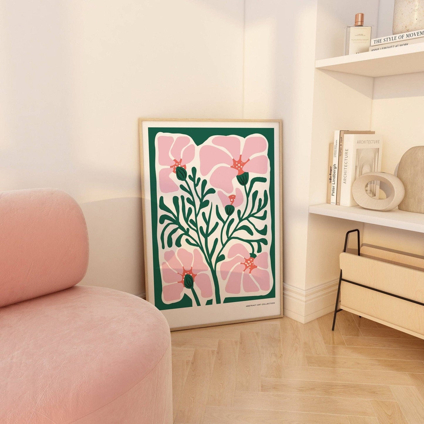 Green and Pink Abstract Flowers Print: A3