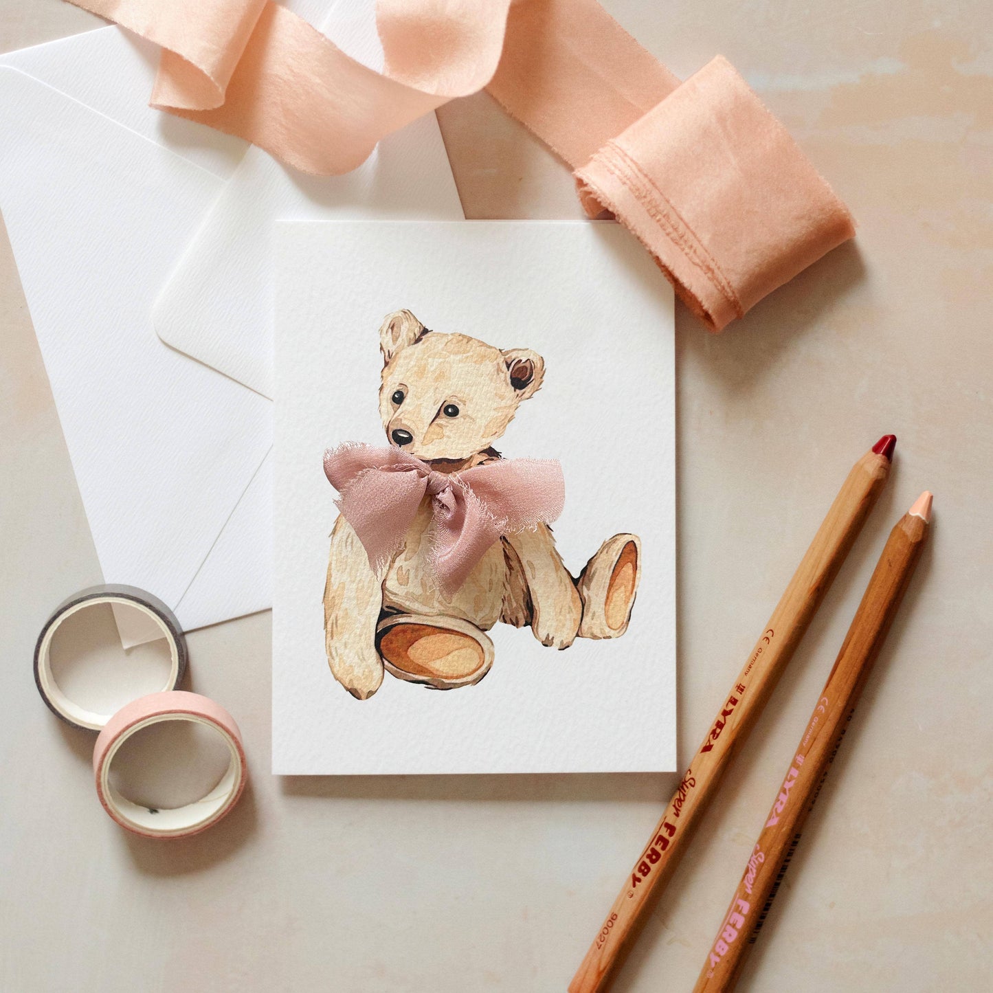 Teddy Bear Hand Tied Silk Ribbon Watercolour Greetings Card: Green