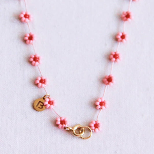 Beaded Daisy Flower Necklace Pink/Red