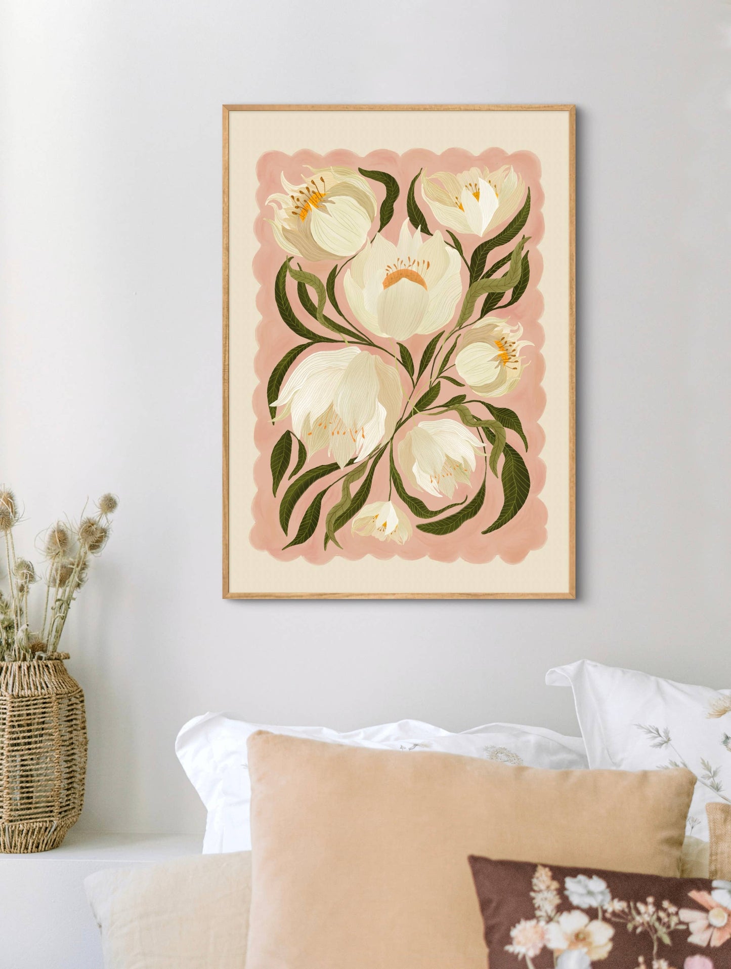 White Peony , Art Print, Neutral Print, Hand Drawn, Quirky Print