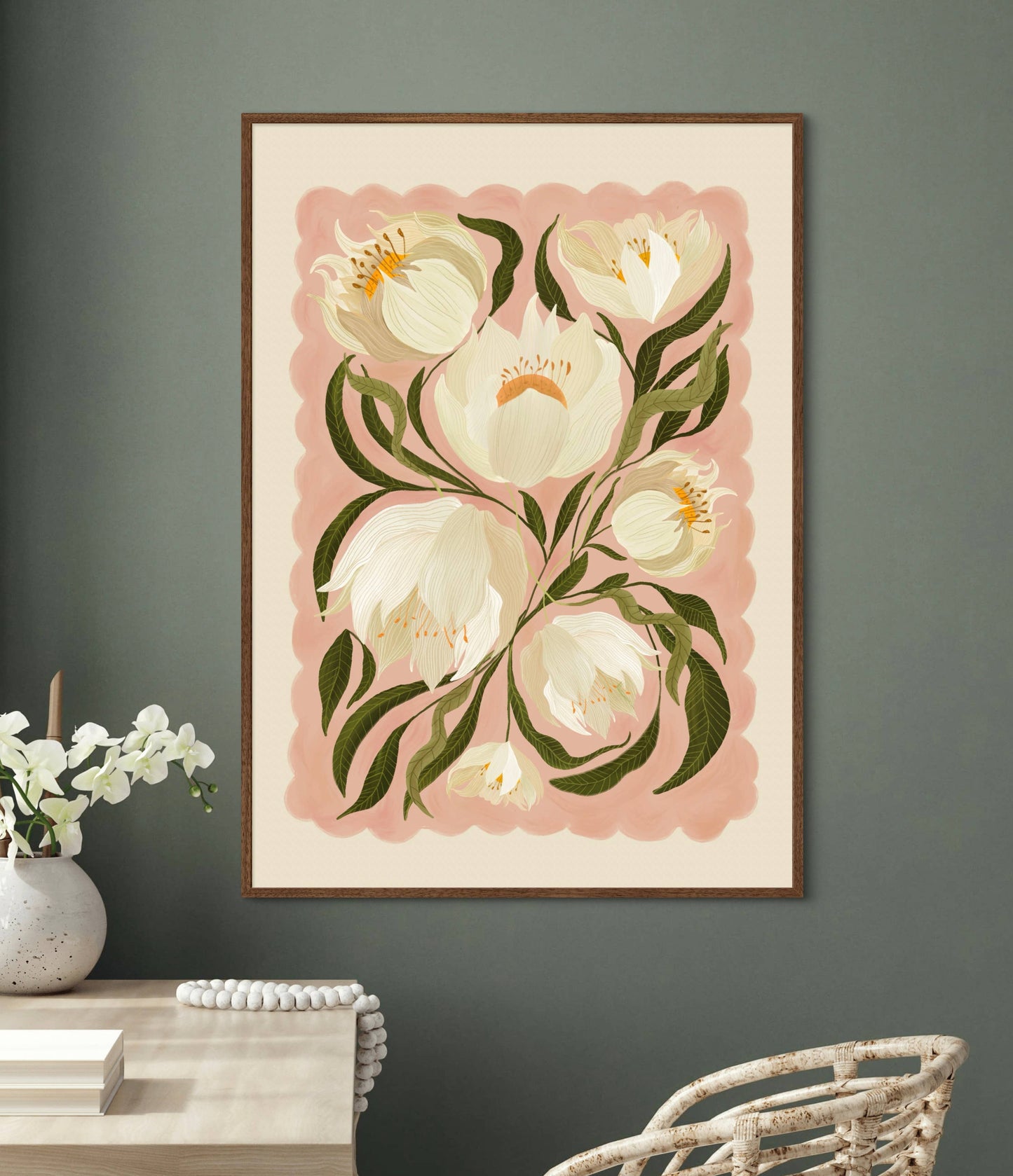White Peony , Art Print, Neutral Print, Hand Drawn, Quirky Print