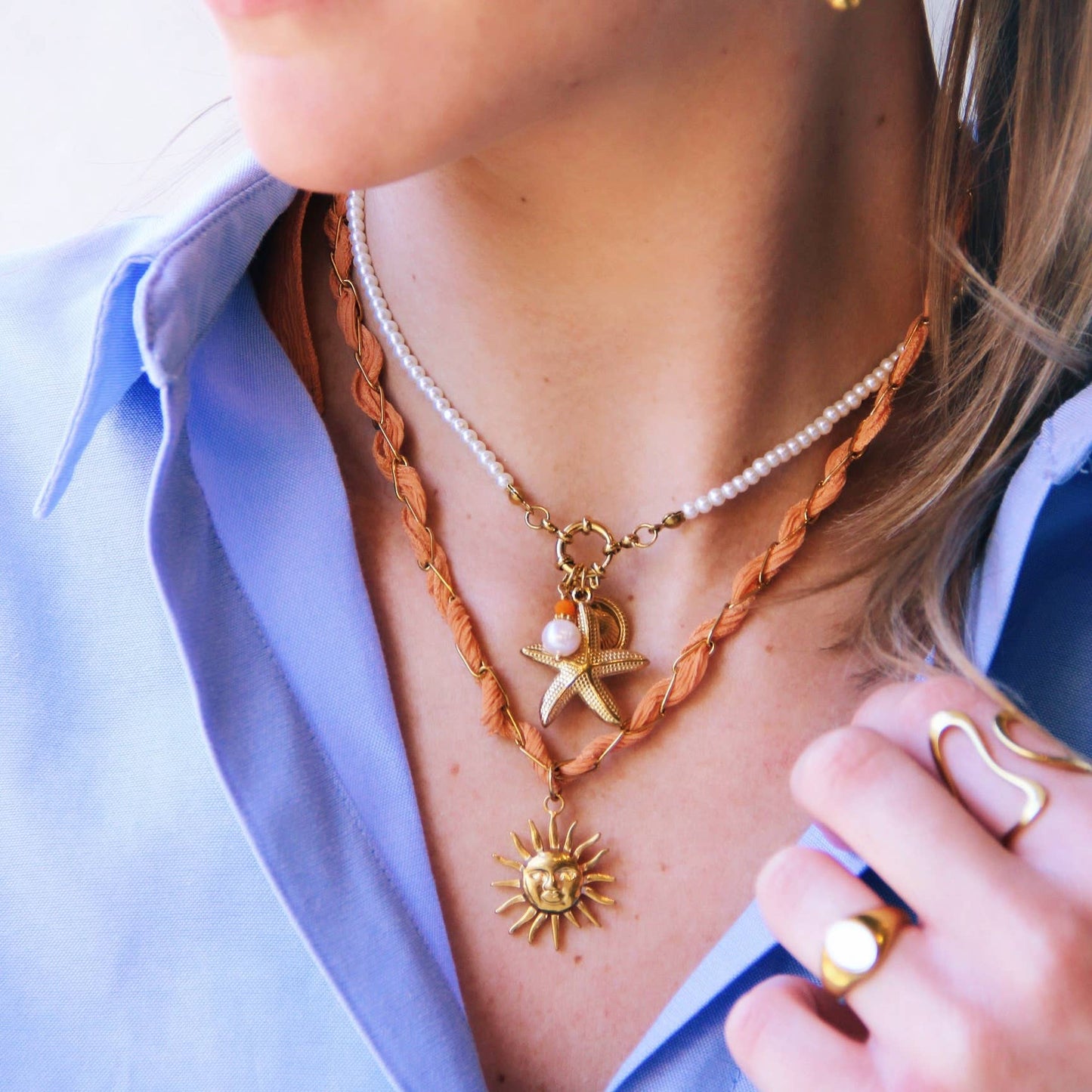 Sun & Gemstone Cluster Pearl Necklace