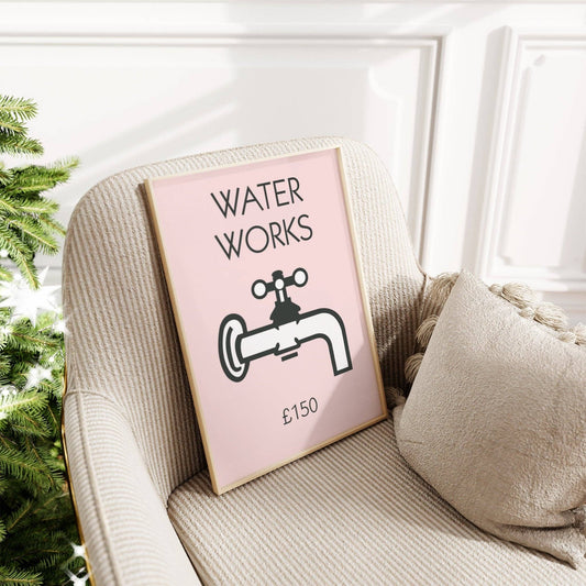 Pastel Retro Water Works Monopoly Print: Pastel Pink / A4