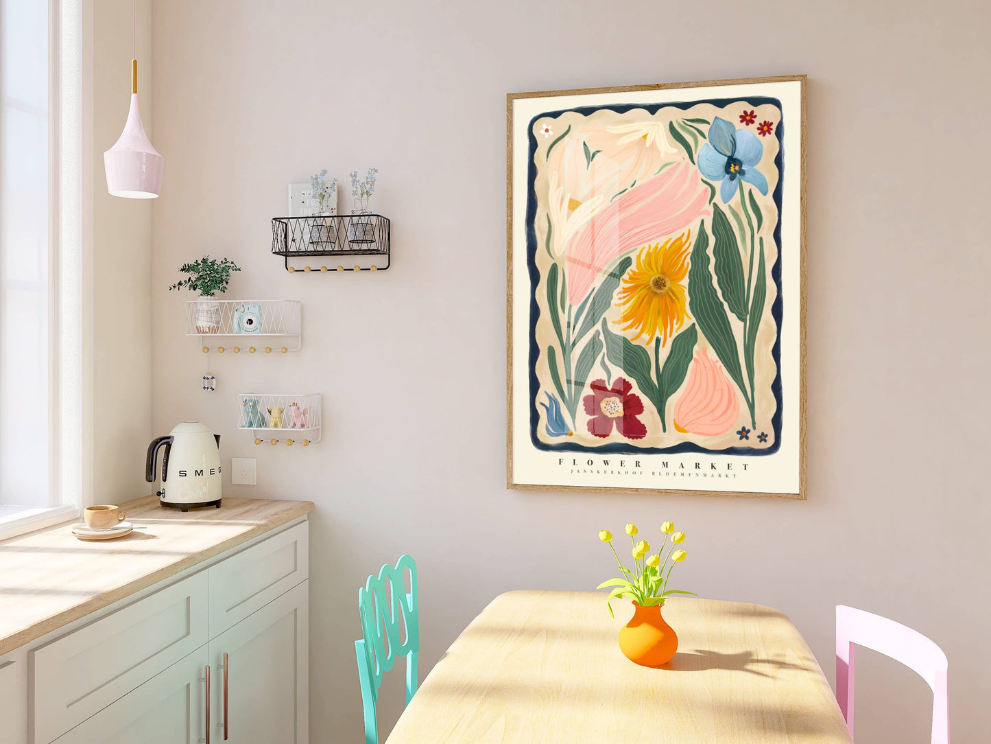 Autumn Flower Art Print, Neutral Print, Hand Drawn, Quirky Print