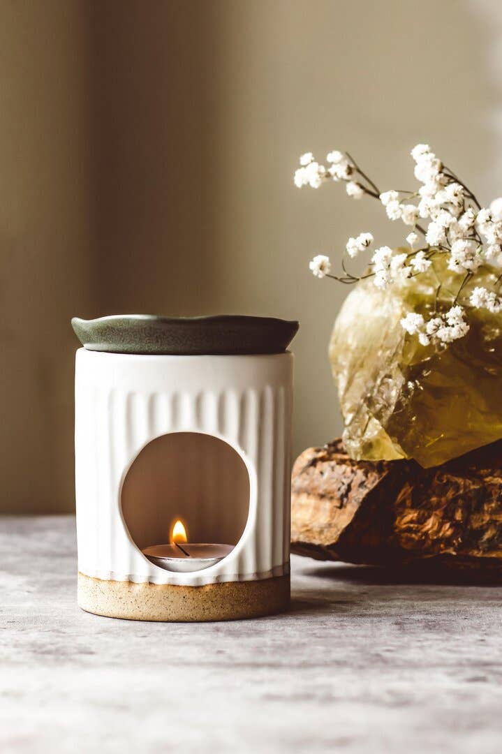 Handmade Ceramic Oil Burner - White / Blue