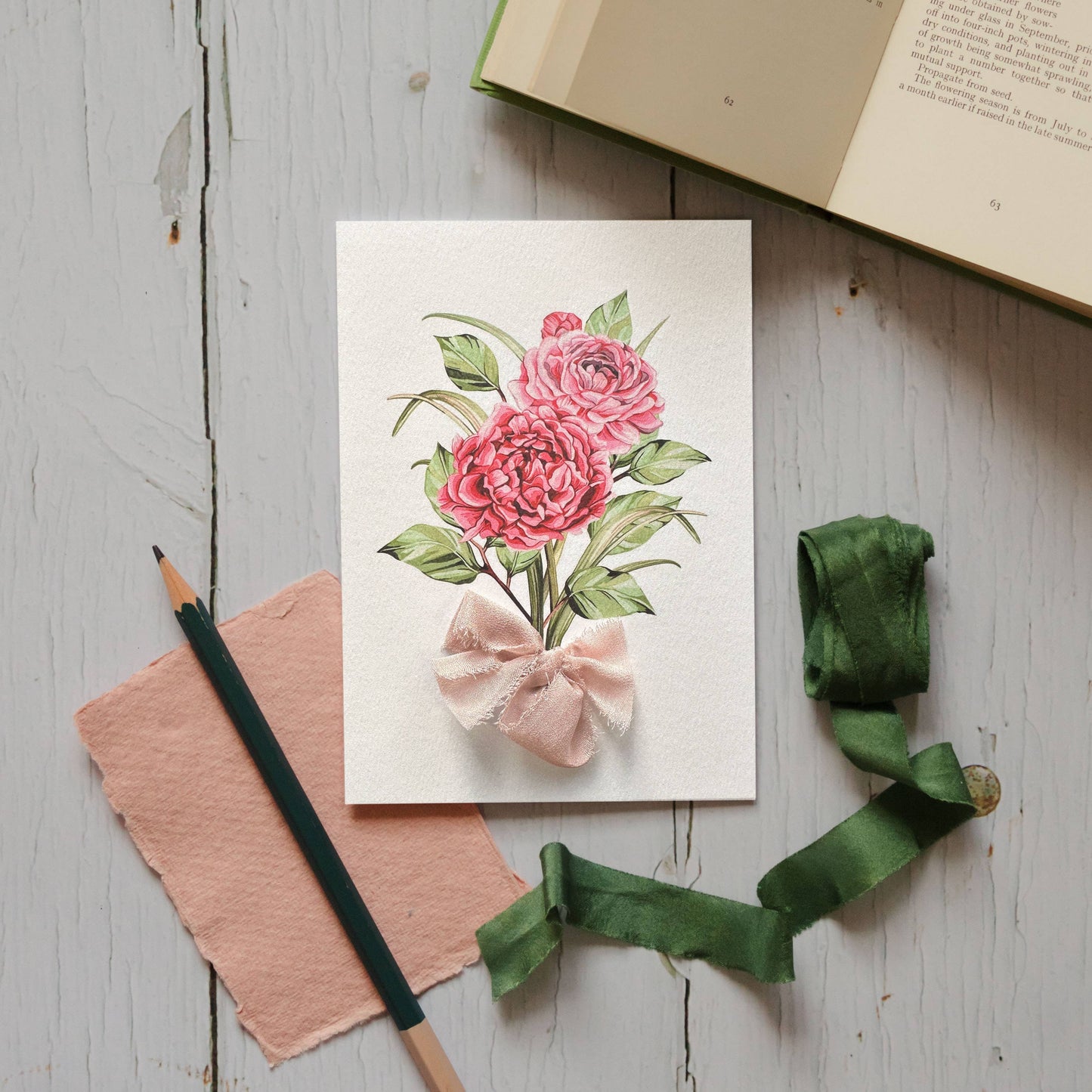 Floral Hand Tied Silk Ribbon Watercolour Greetings Card