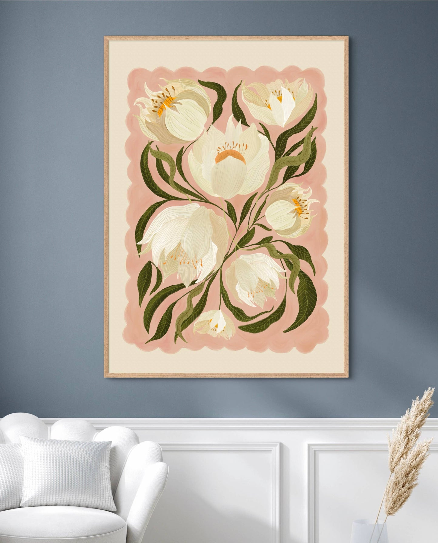 White Peony , Art Print, Neutral Print, Hand Drawn, Quirky Print
