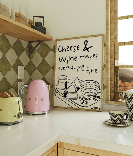 Cheese and Wine Kitchen Quote Wall Art: Cream and Black / A4