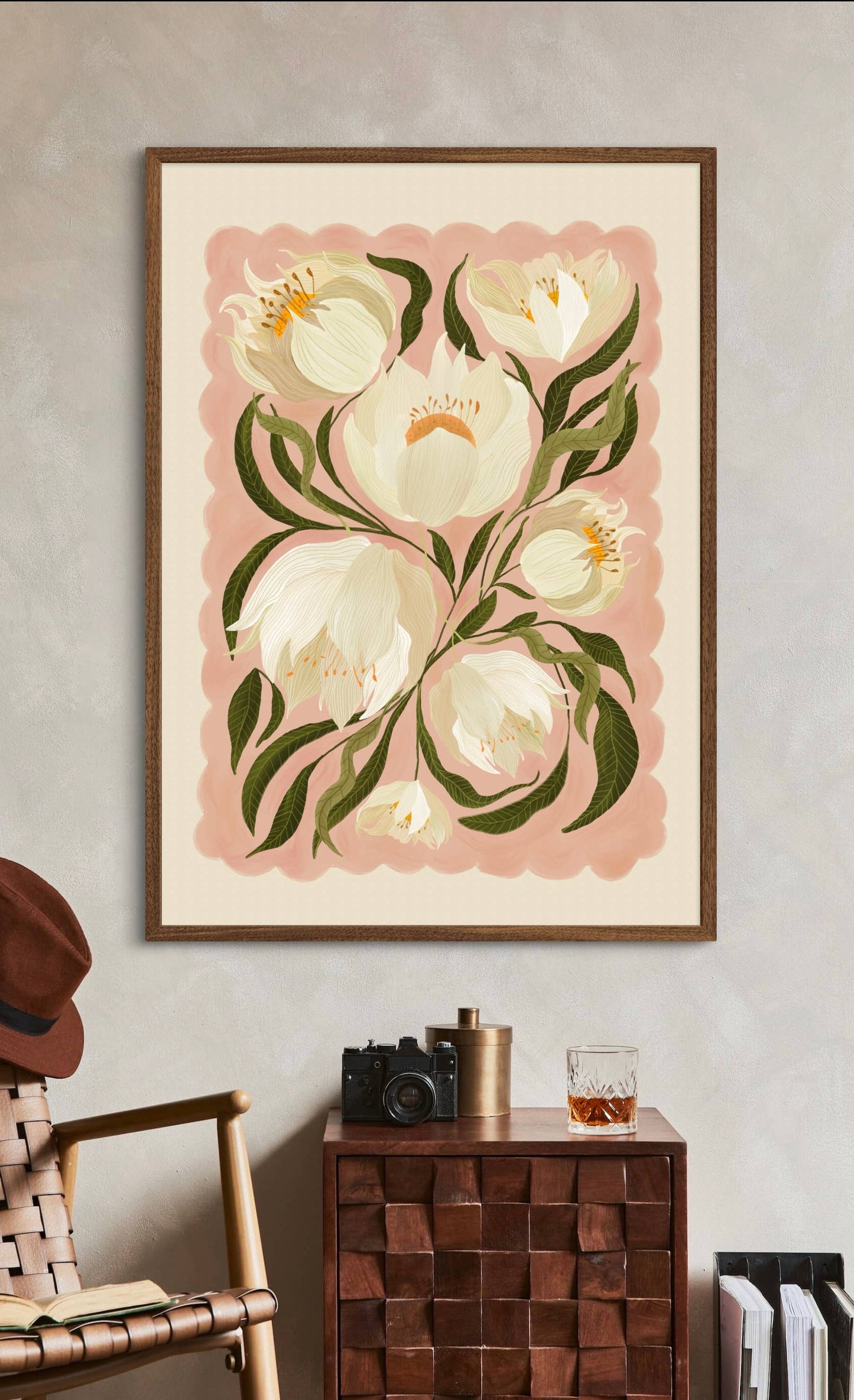 White Peony , Art Print, Neutral Print, Hand Drawn, Quirky Print