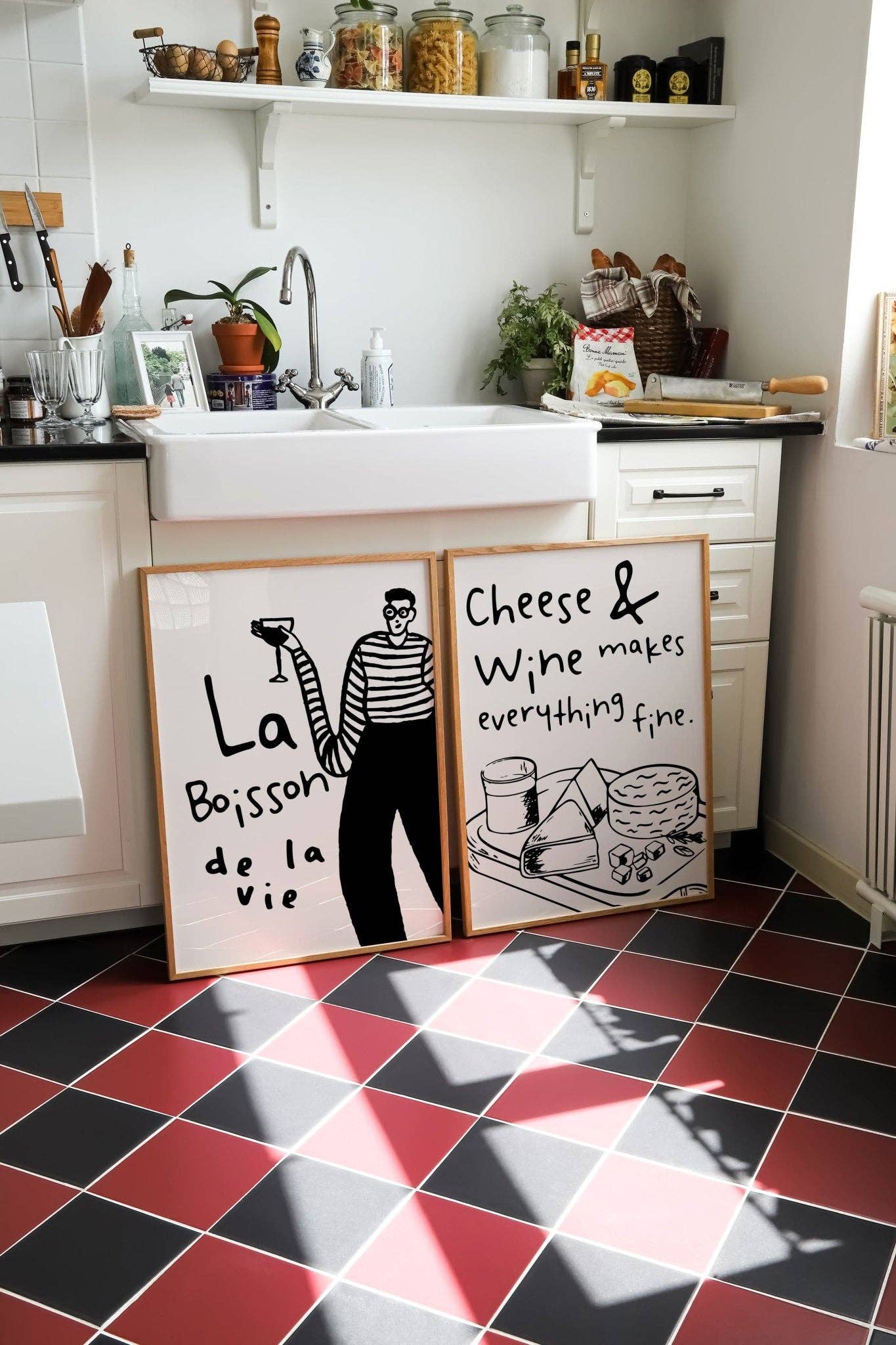 Cheese and Wine Kitchen Quote Wall Art: Cream and Black / A4