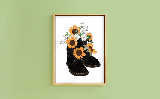 SUNFLOWER BOOTS WHITE ART PRINT: A4