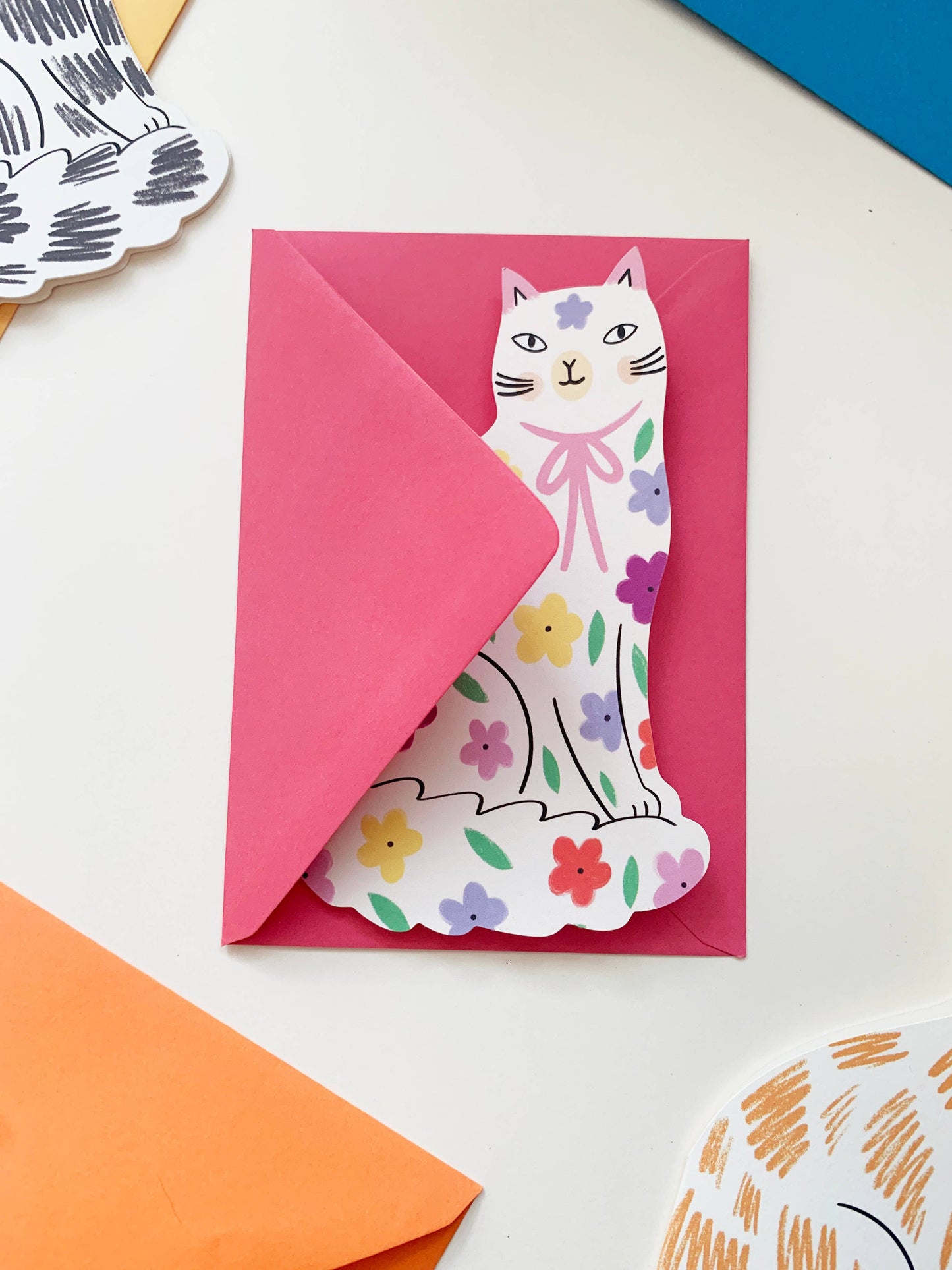 Sitting Kitty Floral Shaped Cat Greeting Card: No Text Floral