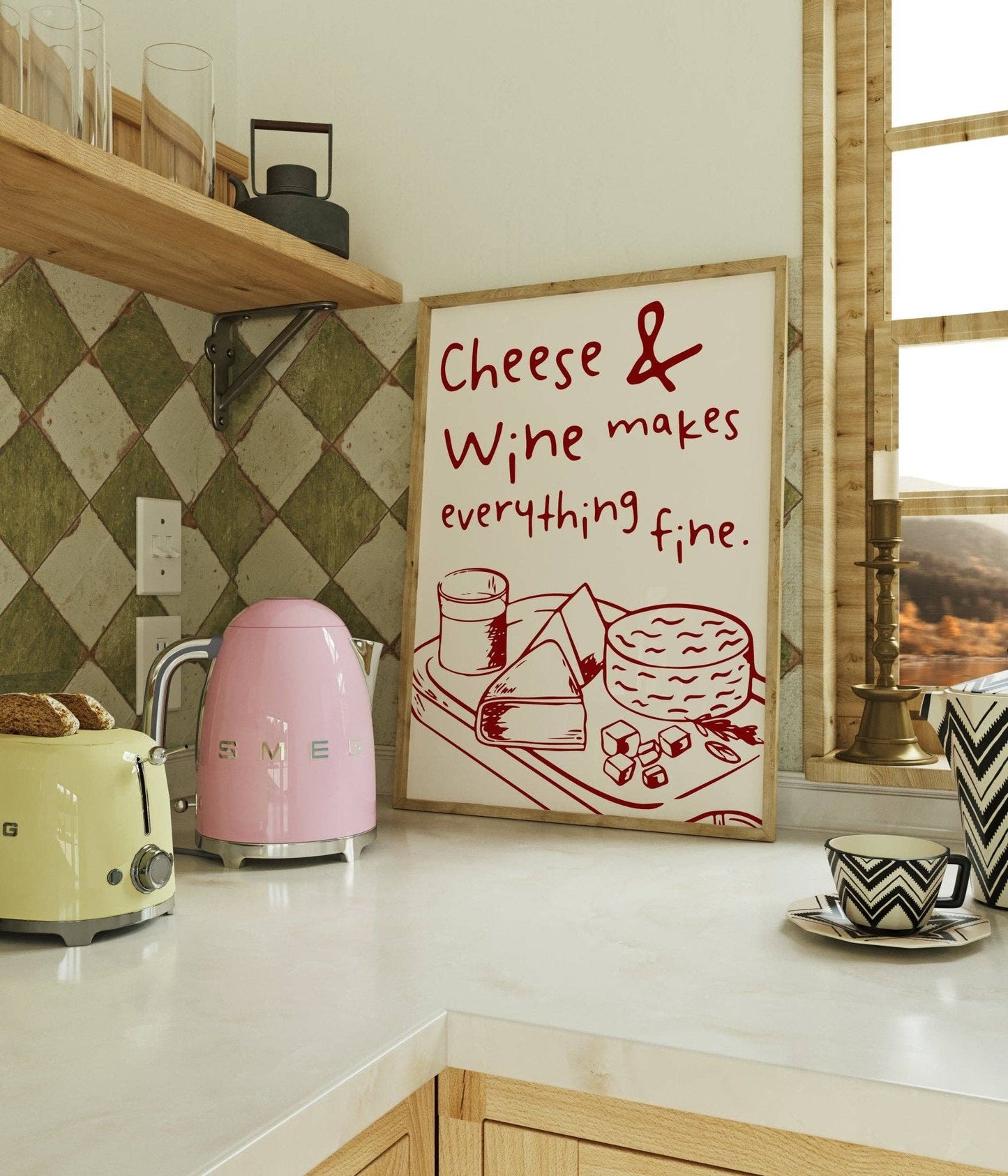 Cheese and Wine Kitchen Quote Wall Art: Cream and Black / A4