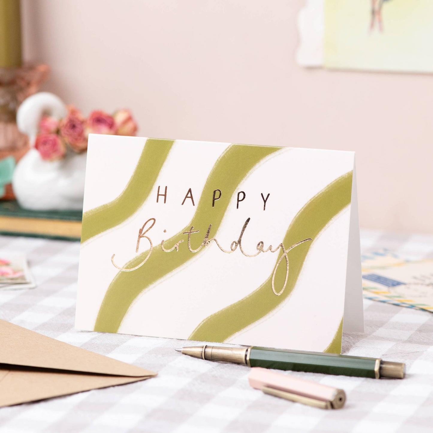 'Happy Birthday' Green wiggle + gold foil Birthday Card