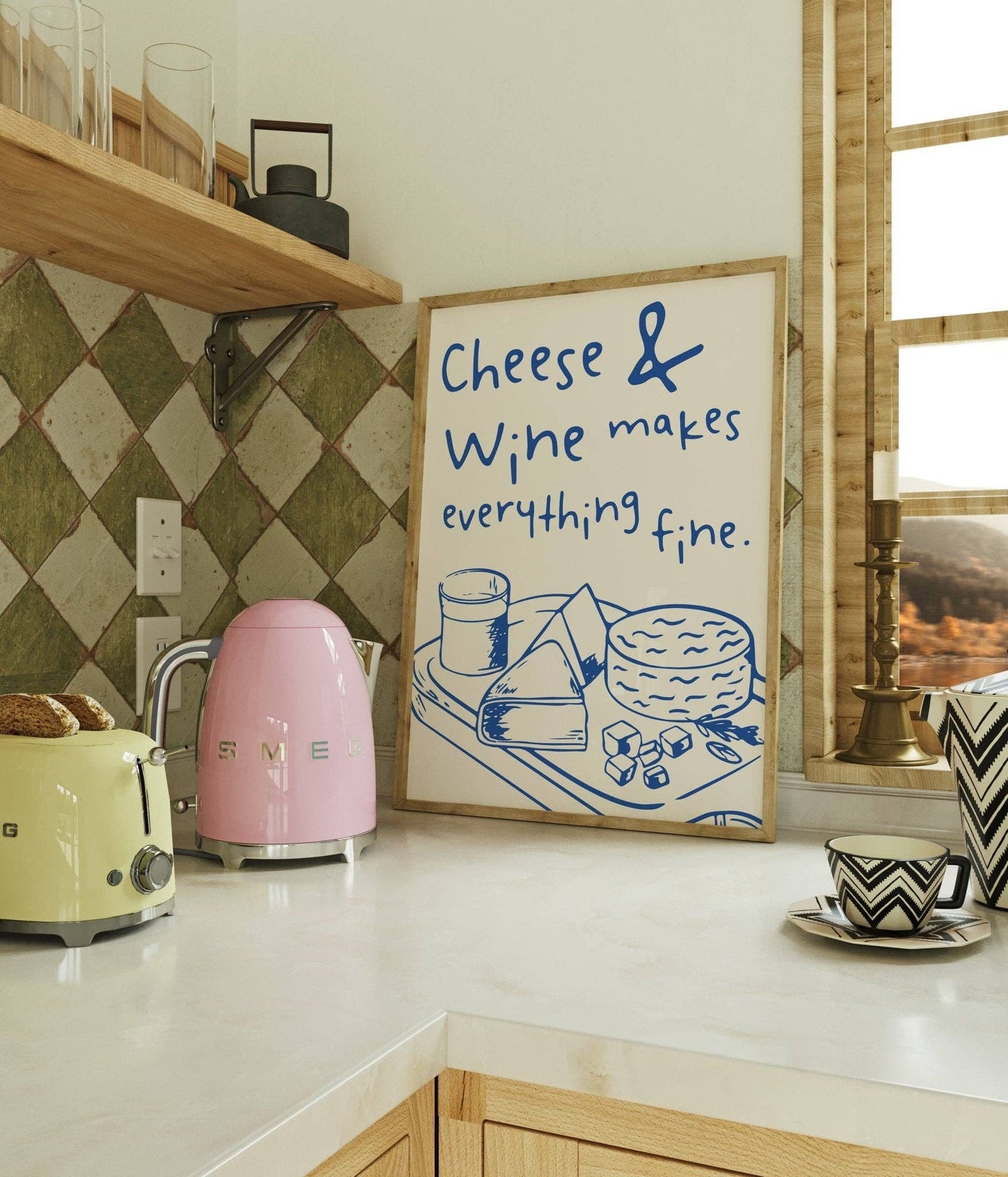 Cheese and Wine Kitchen Quote Wall Art: Cream and Black / A4