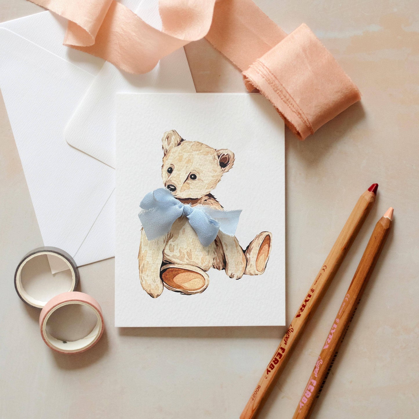 Teddy Bear Hand Tied Silk Ribbon Watercolour Greetings Card: Green