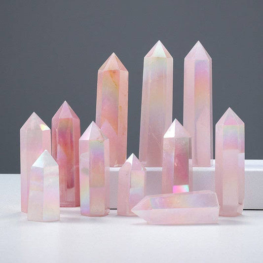 Aura Rose Quartz Crystal Obelisk Tower Point