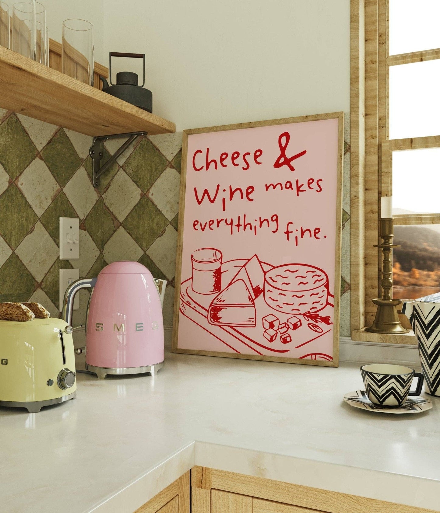 Cheese and Wine Kitchen Quote Wall Art: Cream and Black / A4