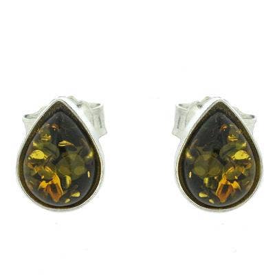 Teardrop Green Amber Stud Earrings with Presentation Box