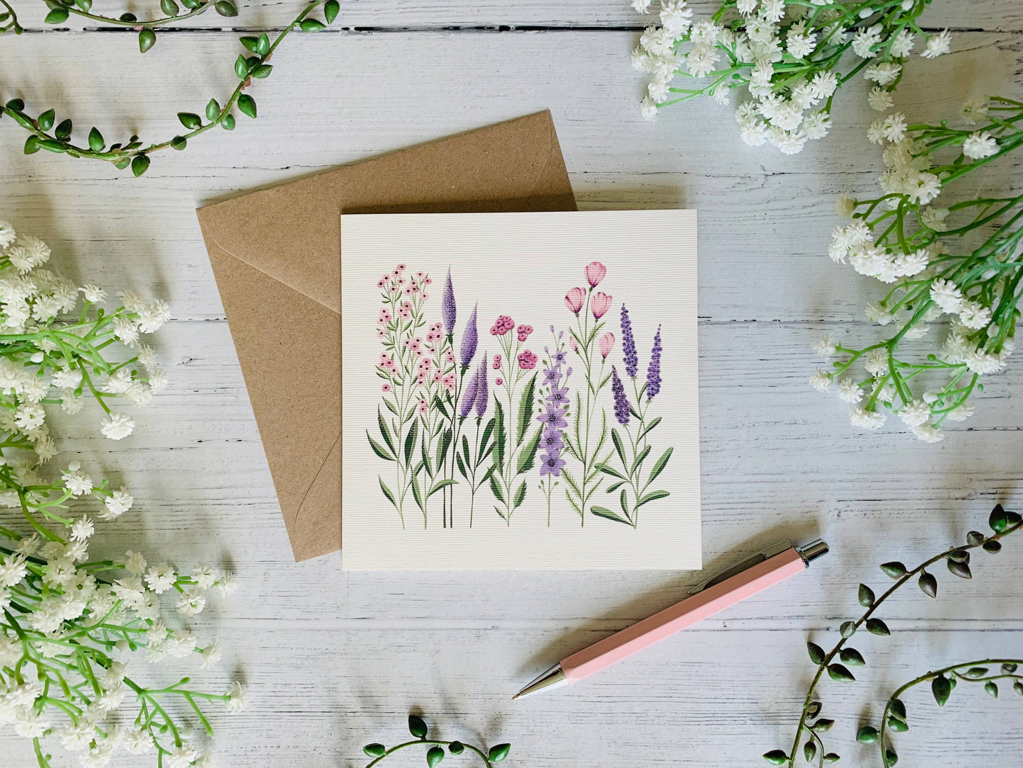 Row of Pink and Purple Wildflowers Greeting Card