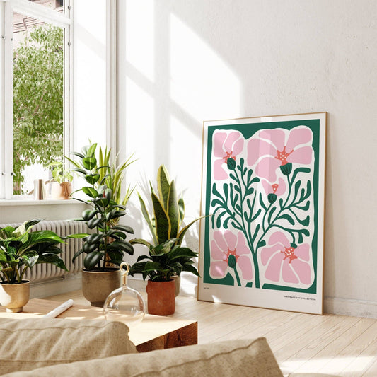 Green and Pink Abstract Flowers Print: A3