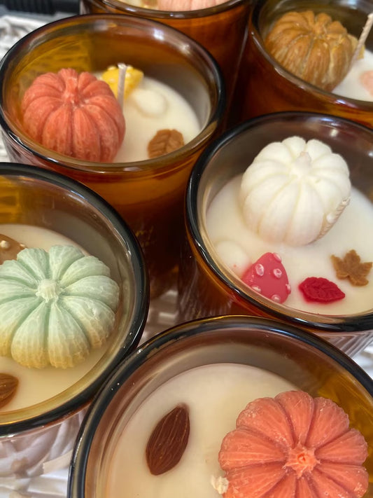 Autumn Spiced Pumpkin Candle: Wax Leaves & Toadstools, Cosy Home Fragrance