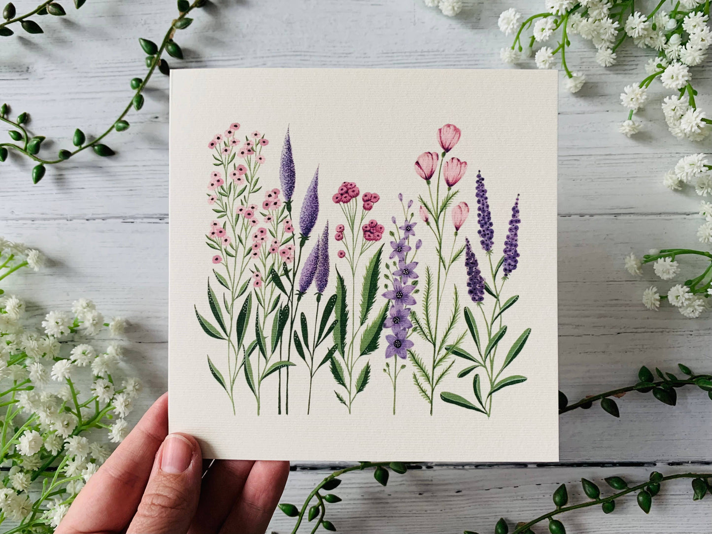 Row of Pink and Purple Wildflowers Greeting Card