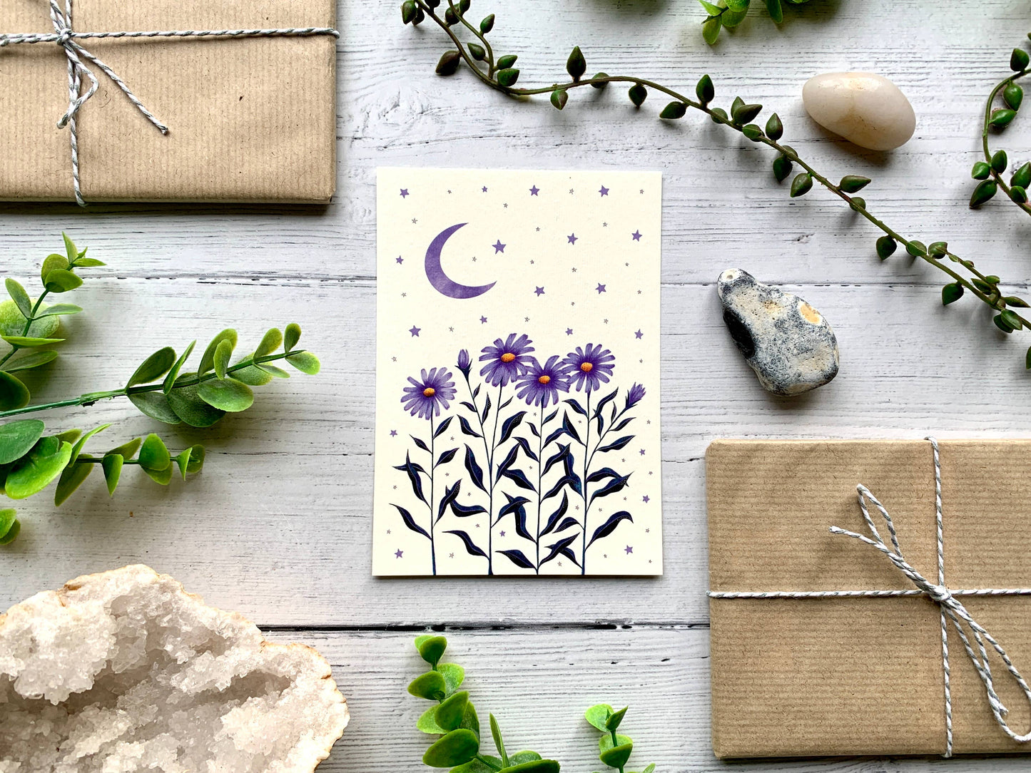 Aster and Moon Greeting Card