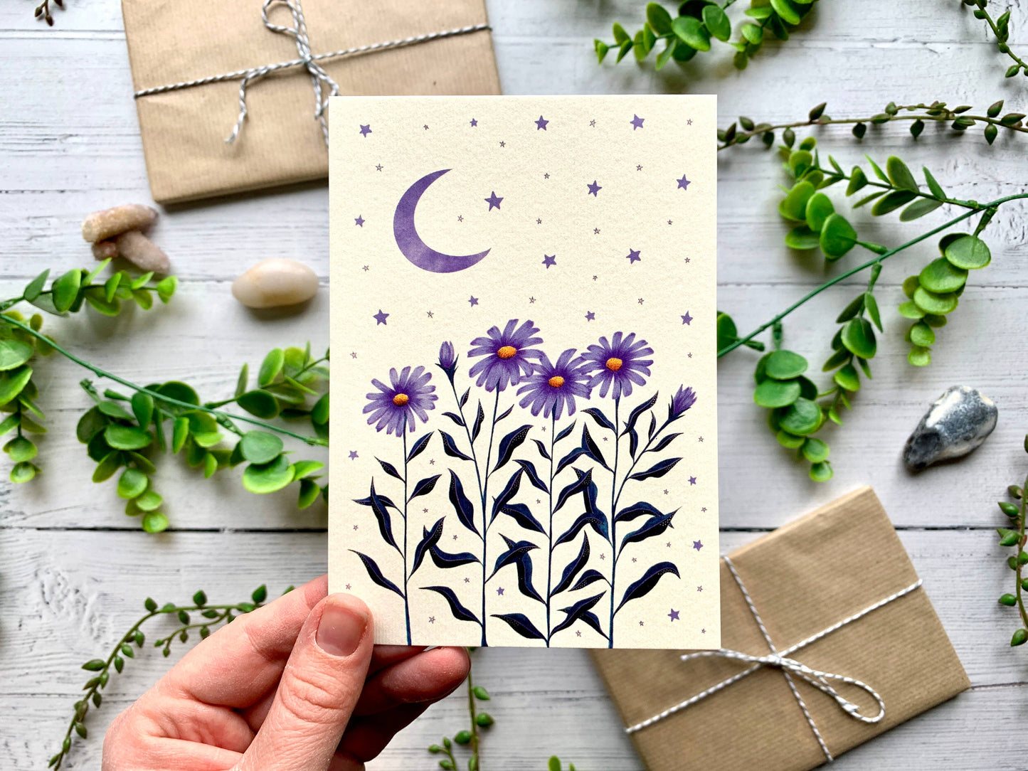 Aster and Moon Greeting Card