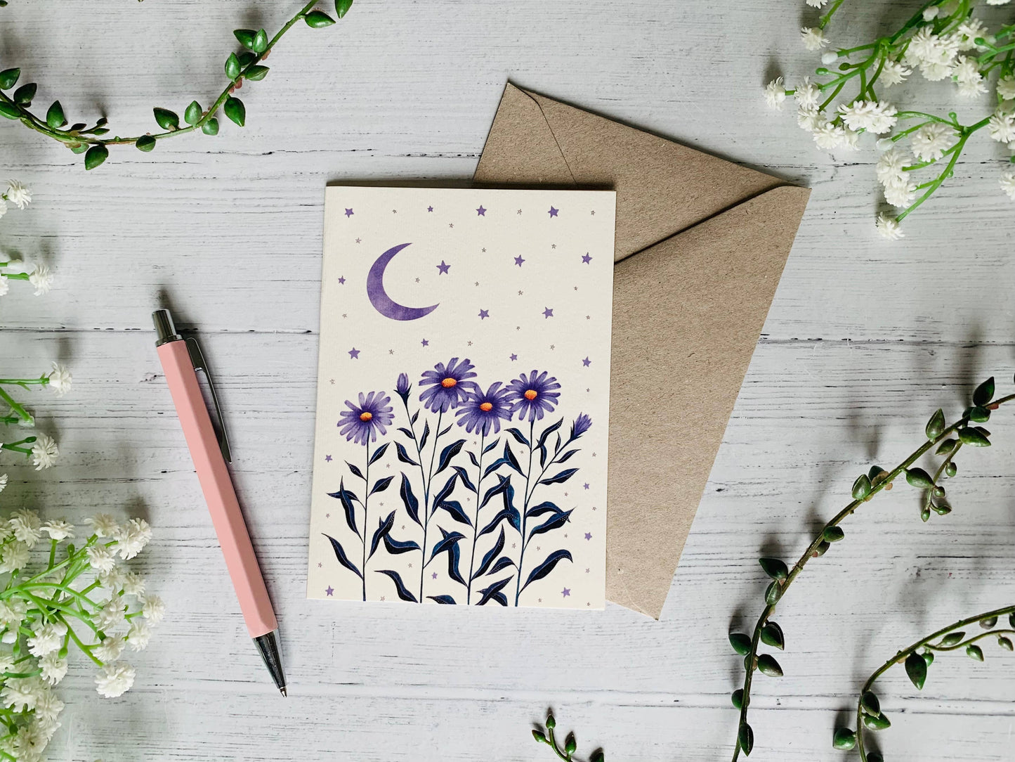 Aster and Moon Greeting Card