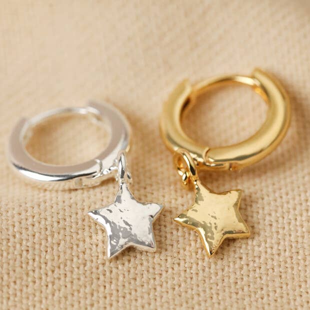 Antiqued Effect Star Charm Huggie Hoop Earrings in Silver