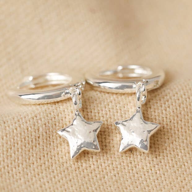 Antiqued Effect Star Charm Huggie Hoop Earrings in Silver