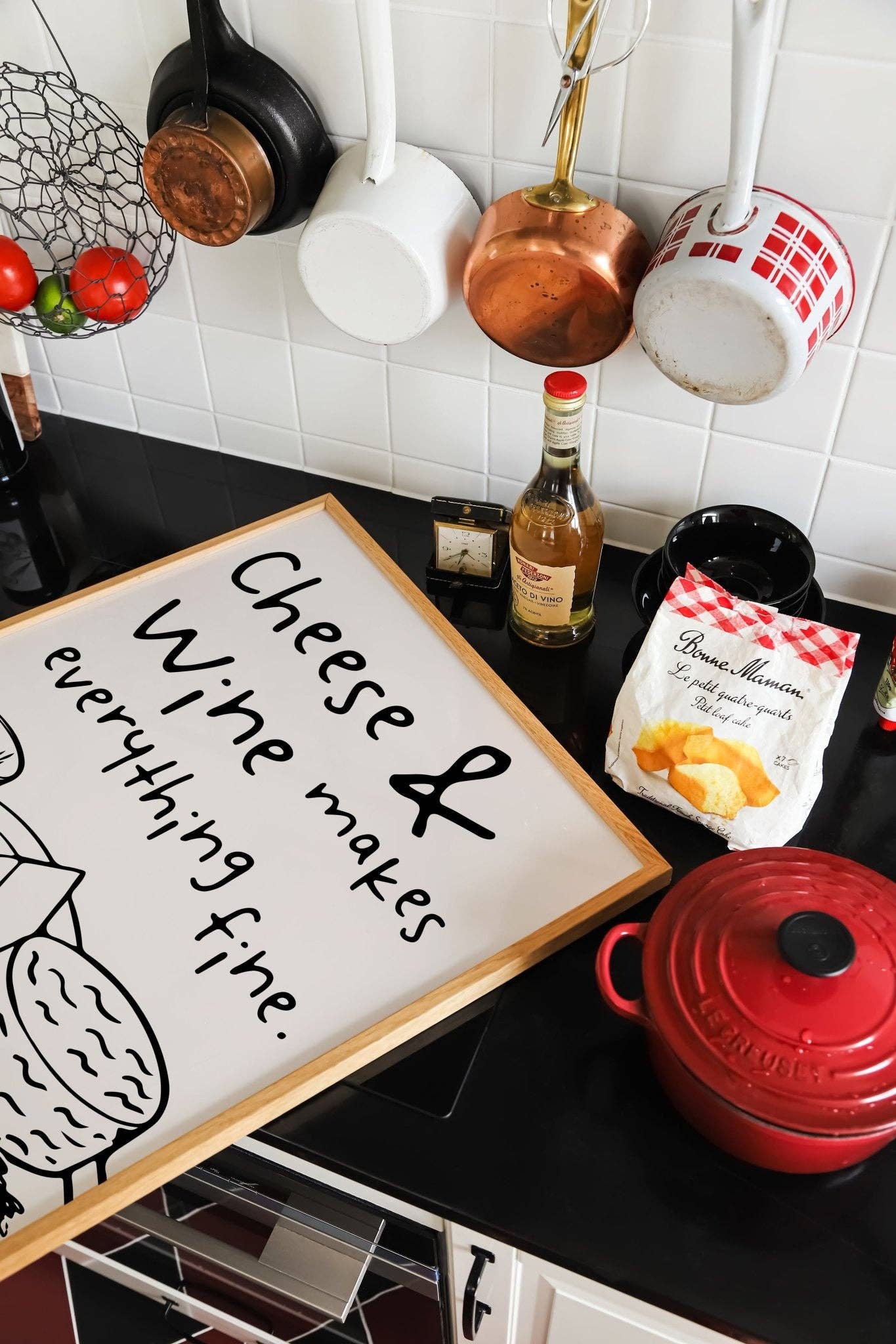 Cheese and Wine Kitchen Quote Wall Art: Cream and Black / A4