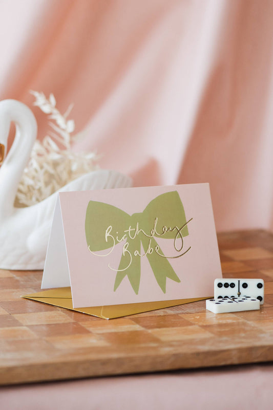 'Birthday Babe' Gold Foil Green Bow Card