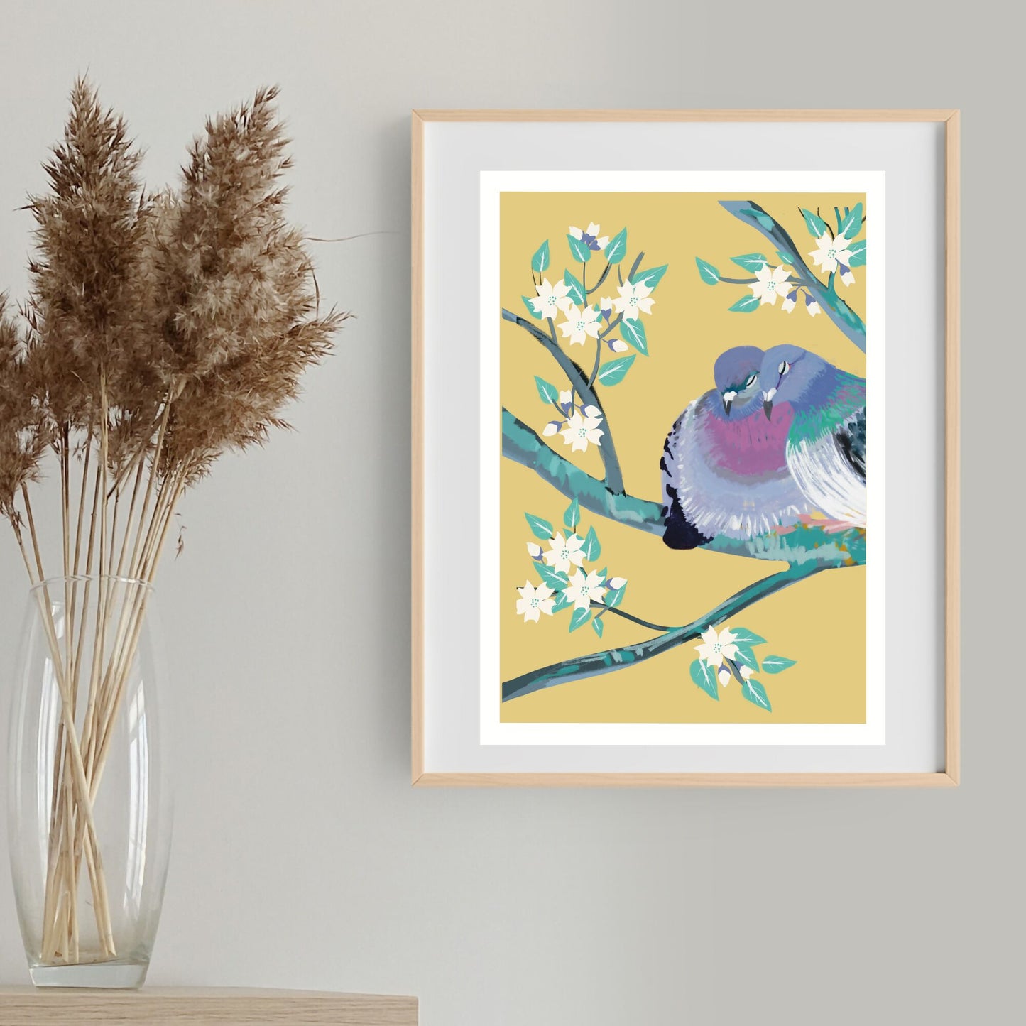 Bird Art - Pigeons and Blossoms