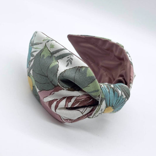 Florence Floral Linen Flat Knot Headband: Pink Satin