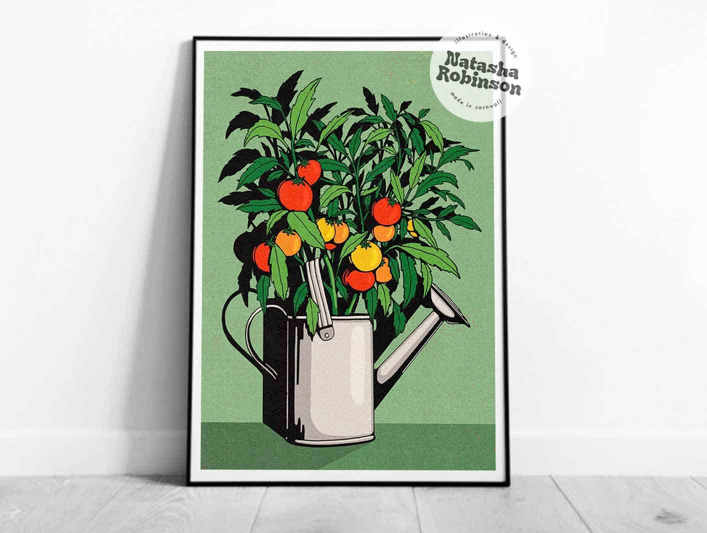 Tomato Plant and Watering Can Illustration Art Print in A4