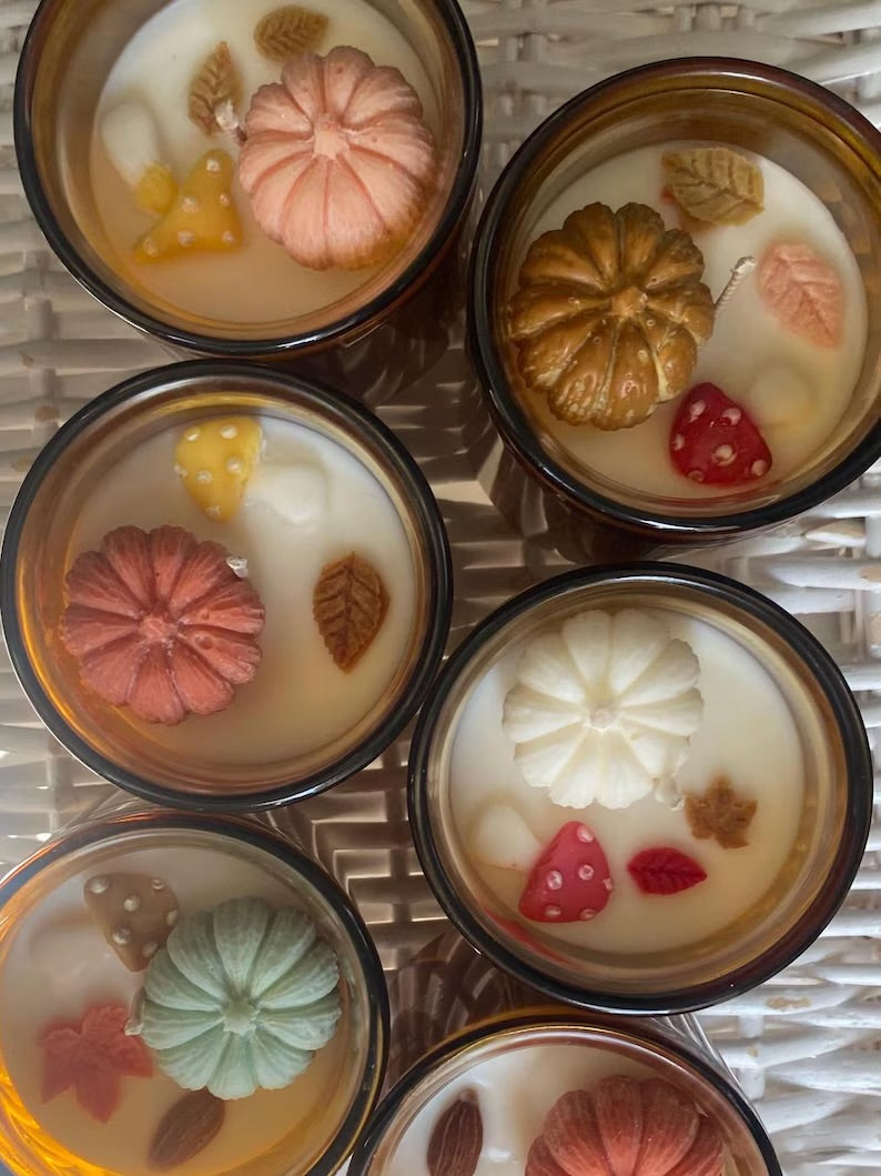 Autumn Spiced Pumpkin Candle: Wax Leaves & Toadstools, Cosy Home Fragrance