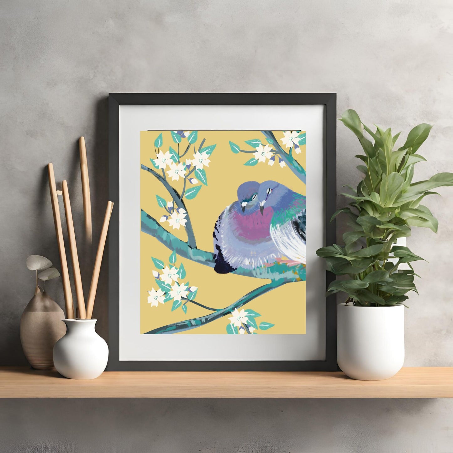 Bird Art - Pigeons and Blossoms