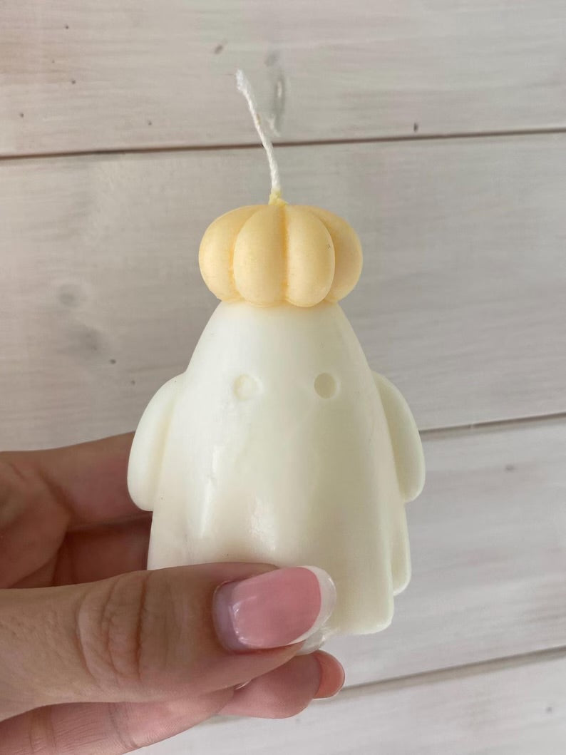 Handmade Ghost Candle with Pumpkin Hat: Vegan Soy Wax Halloween Decor