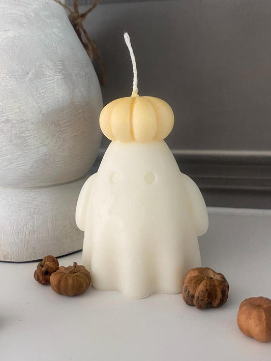 Handmade Ghost Candle with Pumpkin Hat: Vegan Soy Wax Halloween Decor