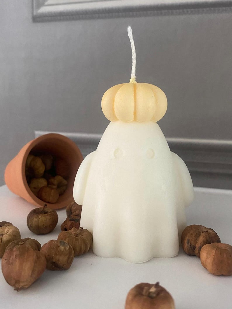 Handmade Ghost Candle with Pumpkin Hat: Vegan Soy Wax Halloween Decor