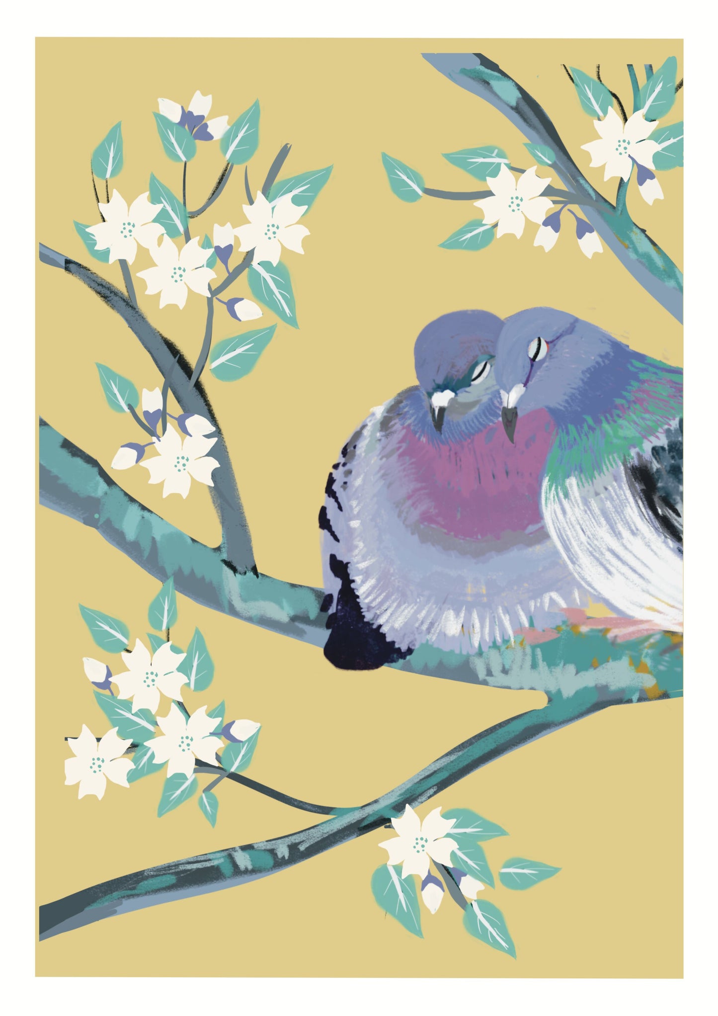 Bird Art - Pigeons and Blossoms